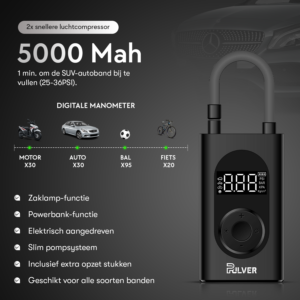 Pulver® - Elektrische pomp - Oplaadbaar & Draagbaar - Luchtcompressor - Elektrische Fietspomp - Ballenpomp – met druk meter - Zaklamp & Powerbank functie - 4000 MAH - Afbeelding 3
